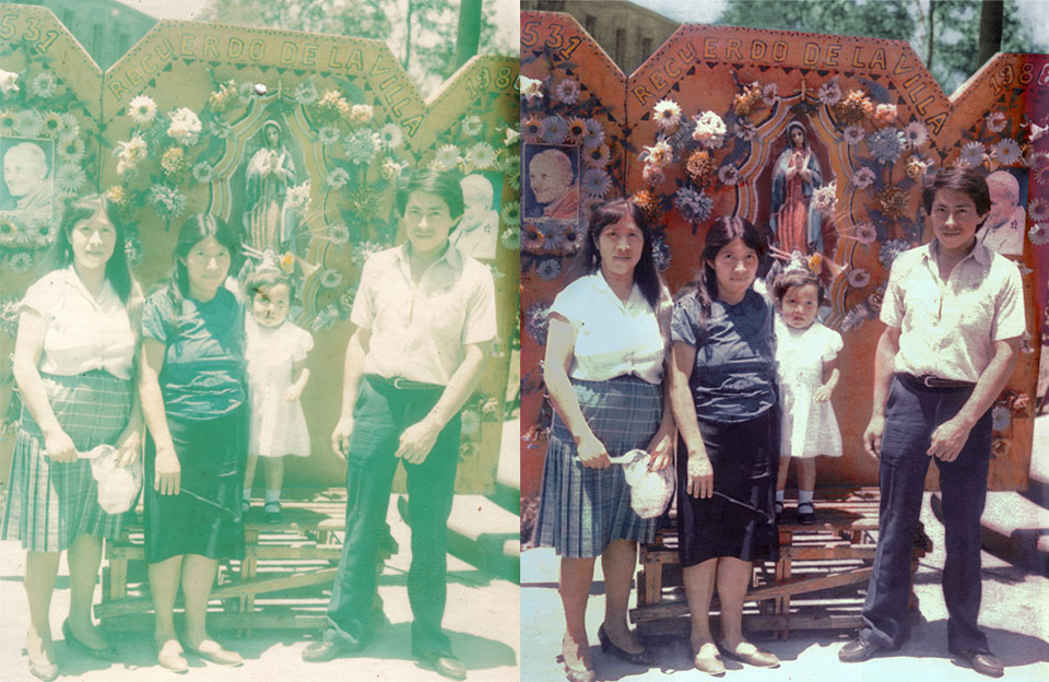 restauracion de una fotografia antigua con raspaduras y colores degradados